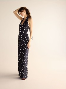 Wzorzysty kombinezon z lnem - granatowy
