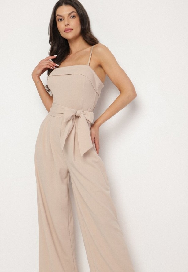 Beżowy Kombinezon Ozdobiony Paskiem z Szerokimi Nogawkami Deolise