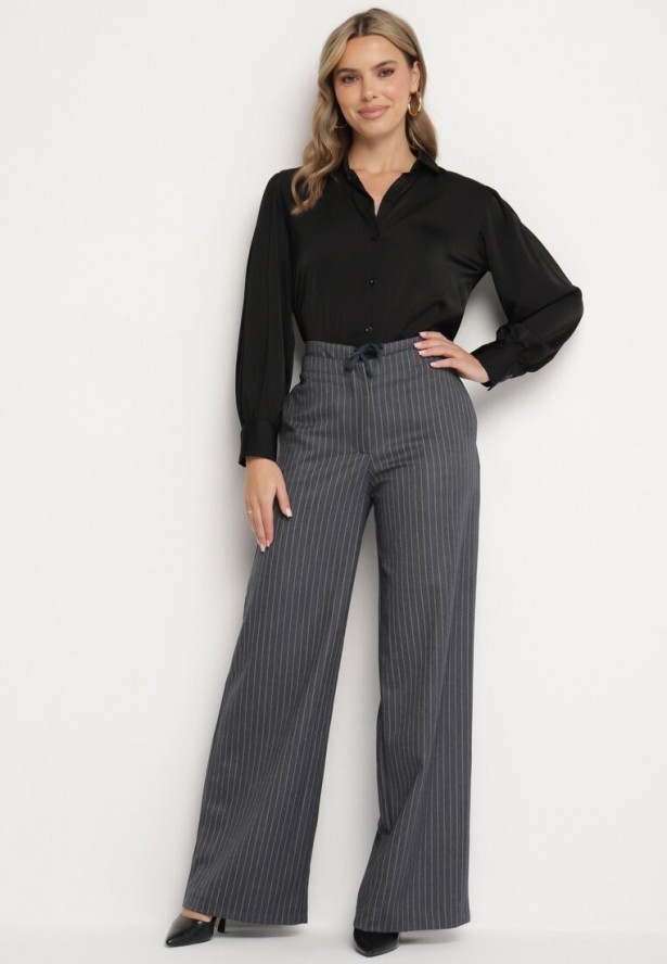 Ciemnoszare Spodnie Garniturowe z Wiskozą z Kieszeniami i Wiązaniem Sevitha