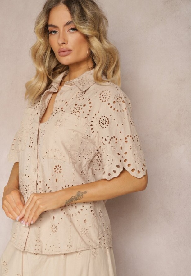 Jasnobeżowa Bawełniana Koszula z Haftowanej Tkaniny Zapinana na Guziki z Kieszeniami Tesanora