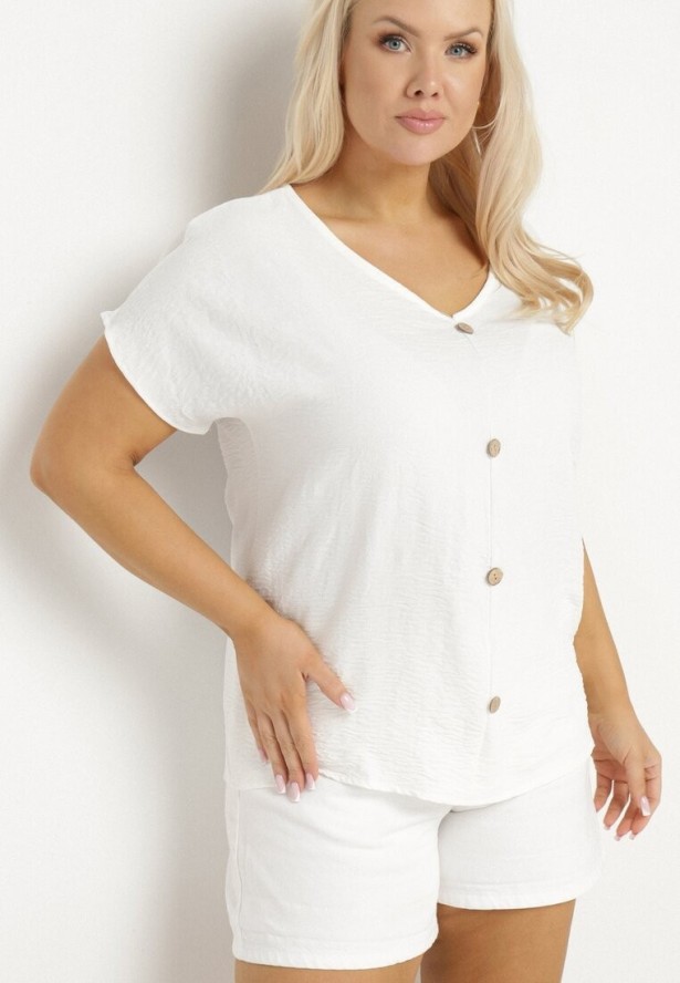 Biała Bluzka Ozdobiona Guziczkami z Przodu Mepiana