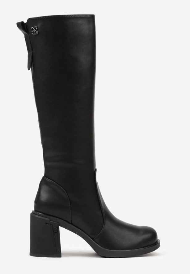 Czarne Kozaki VICES na Słupku ze Skóry Naturalnej Ozdobione Aplikacjami Refesa