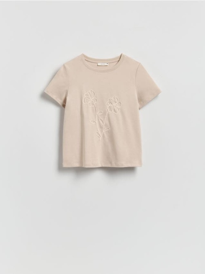 T-shirt z kwiatową aplikacją - beżowy