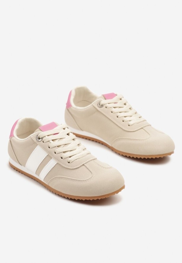 Beżowe Sneakersy z Geometrycznymi Paskami Desmira