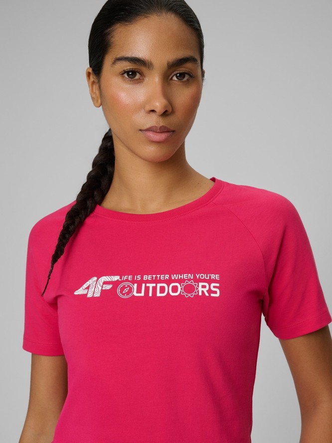 4F T-shirt slim z nadrukiem damski - różowy L