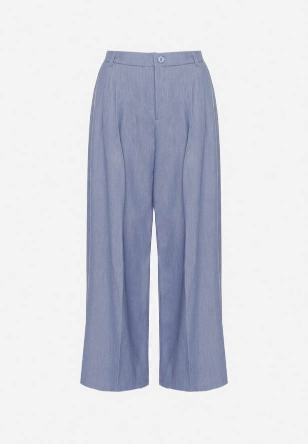 Niebieskie Szerokie Spodnie Garniturowe z Wiskozą Zdobione Zakładkami Galomira