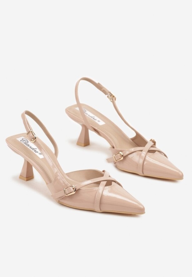 Ciemnobeżowe Sandały Slingback na Kaczuszce ze Szpiczastym Noskiem ze Sprzączkami Deyline