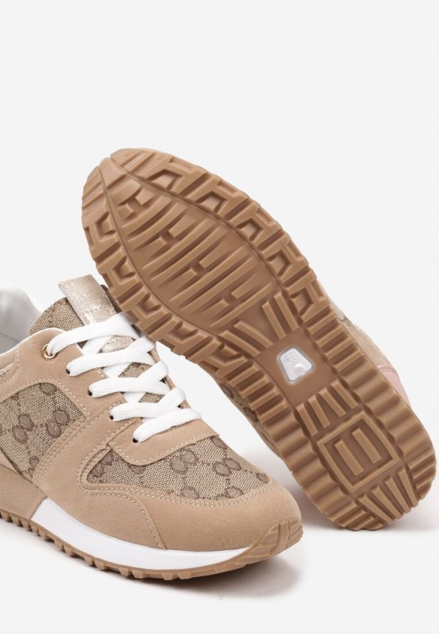 Beżowo-Różowe Sneakersy Ozdobione Wzorzystymi Wstawkami Halisna