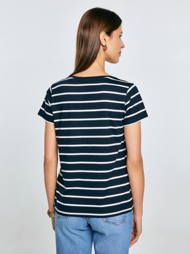 Koszulka damska z dekoltem v-neck w paski granatowa Retina 403