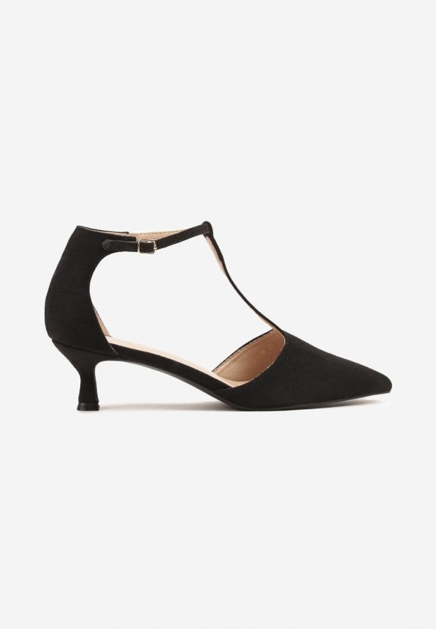 Czarne Czółenka na Kaczuszce ze Szpiczastym Noskiem i Ozdobnymi Paskami Liliora