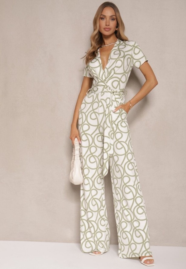 Zielony Kopertowy Kombinezon z Wiskozą Zdobiony Abstrakcyjnym Printem Evivola