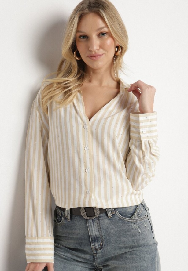 Jasnobeżowa Bawełniana Koszula w Pionowe Paski Zdobiona Cyrkoniami Isorina