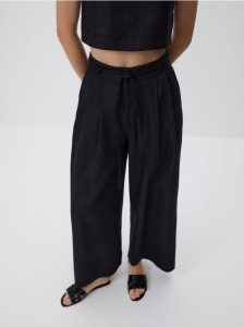Lniane spodnie z wiązaniem - czarny