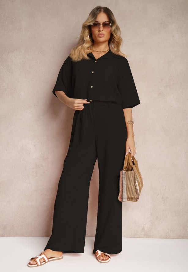 Czarny 2-Częściowy Komplet Koszula z Krótkim Rękawem Spodnie z Gumką w Pasie Vimacia