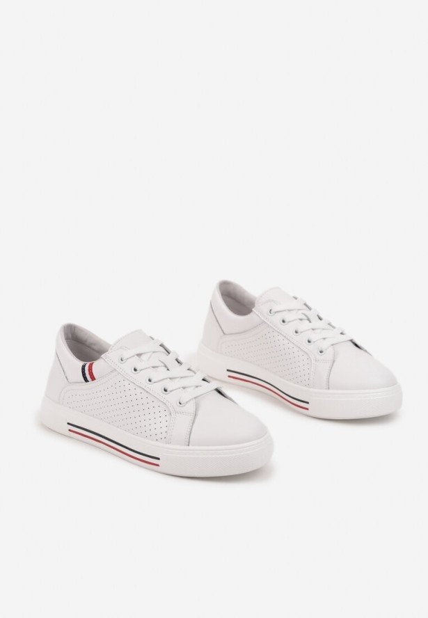 Białe Płaskie Sneakersy ze Skóry Naturalnej ze Skórzaną Wkładką Ozdobione Perforacją Zelili