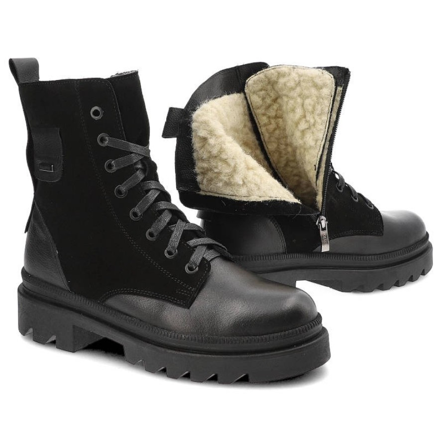 Czarne Botki Pollonus Skórzane Ocieplane Buty Damskie
