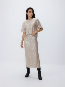 Cekinowa spódnica midi - kremowy