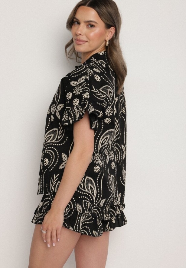 Czarny Bawełniany Komplet Koszula z Wiązaniem i Spódnico-Szorty z Nadrukiem Iffarina