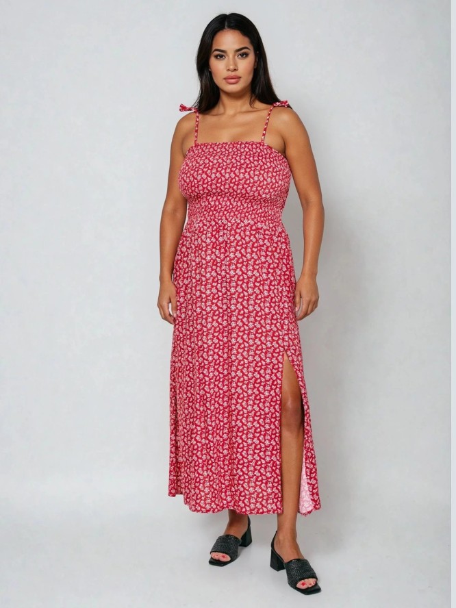 Sukienka damska midi z wiskozy na ramiączkach z motywem kwiatowym czerwona Lamboni 603