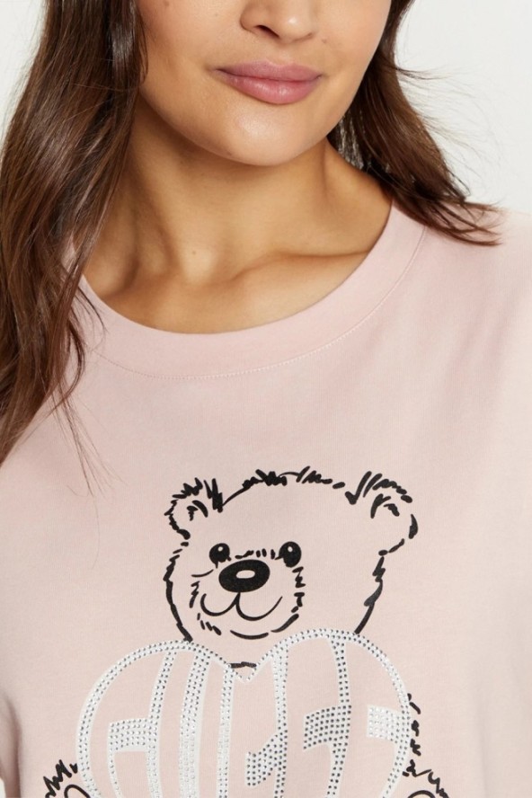 GUESS Różowy t-shirt damski Bear Boxy, Rozmiar L