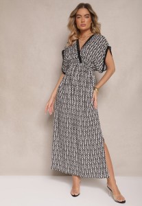 Czarno-Biała Sukienka Rozkloszowana z Bawełny Wykończona Koronką Lanadria