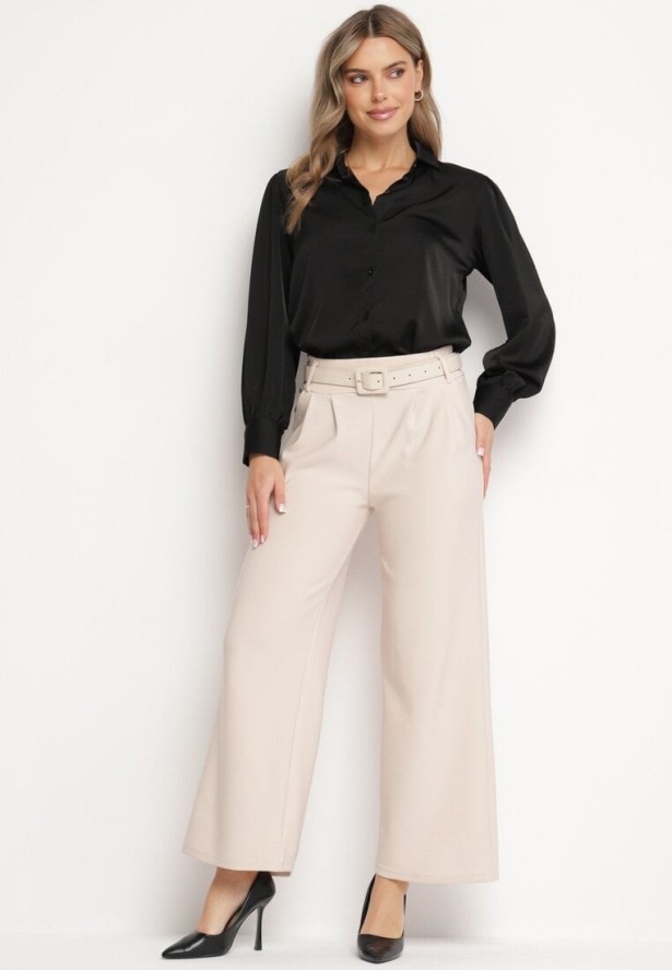 Beżowe Spodnie Garniturowe z Wysokim Stanem Gumką w Pasie i Dodatkowym Paskiem Fariatta
