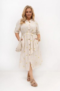 Beżowa sukienka koszulowa w cytrynki Lemone z paskiem – bawełna i len OVERSIZE PLUS SIZE
