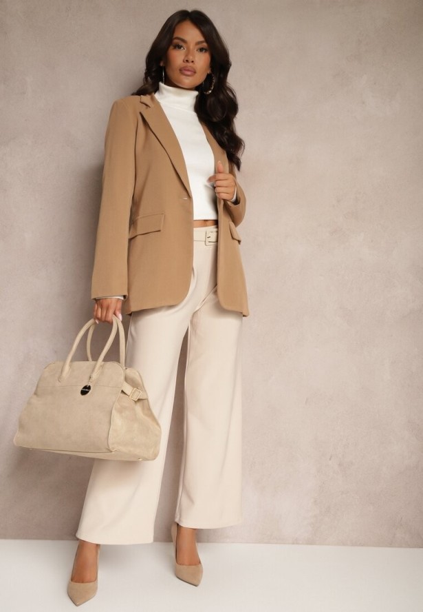 Beżowe Garniturowe Spodnie High Waist z Gumką i Dodatkowym Paskiem w Talii Mattine