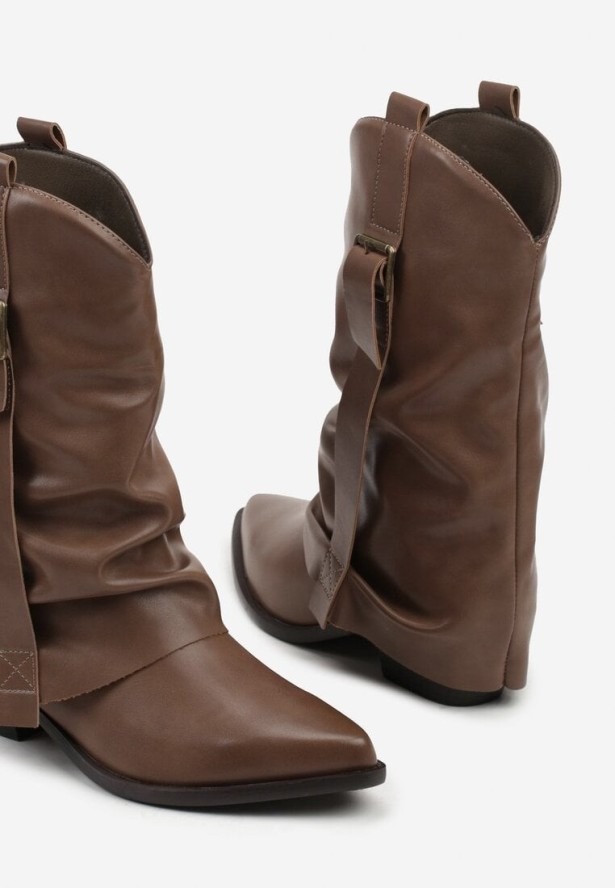 Brązowe Marszczone Botki Kowbojki z Cholewką Imitującą Nogawkę Ilosa