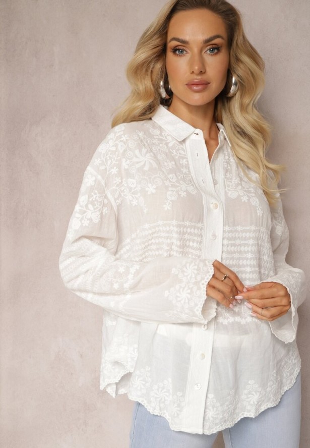 Biała Przezroczysta Koszula z Bawełny z Haftem w Kwiatki Kariela