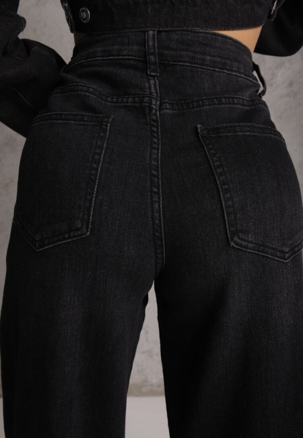 Czarne Szerokie Jeansy Palazzo z Bawełną High Waist Zinnasira