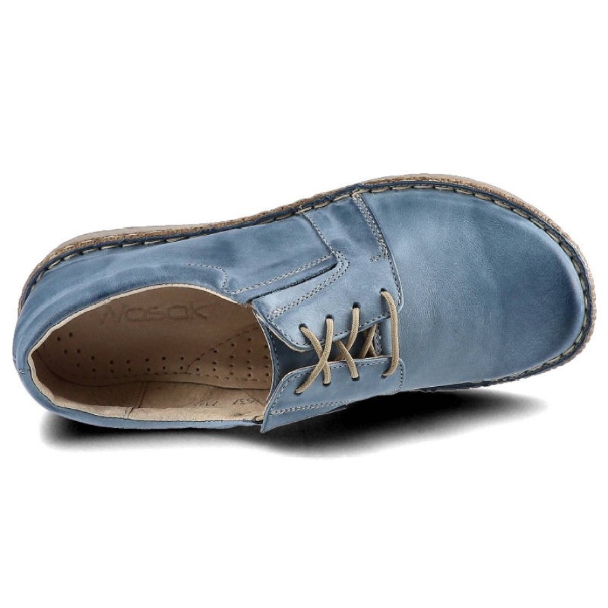 Półbuty damskie Wasak, z miękkiej skóry naturalnej i na płaskim obcasie, jeans, 537