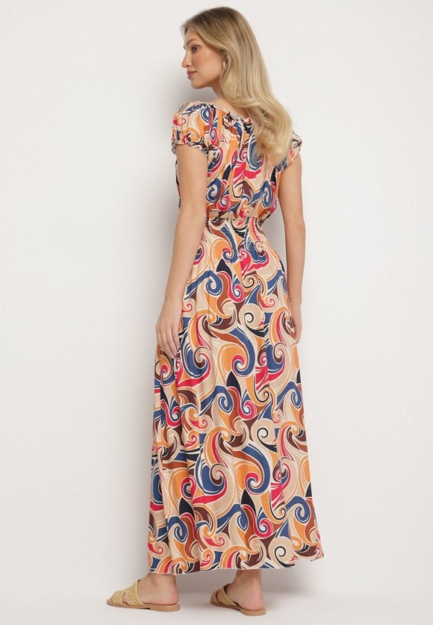 Pomarańczowa Bawełniana Sukienka z Abstrakcyjnym Wzorem i Gumką w Pasie Orralisa