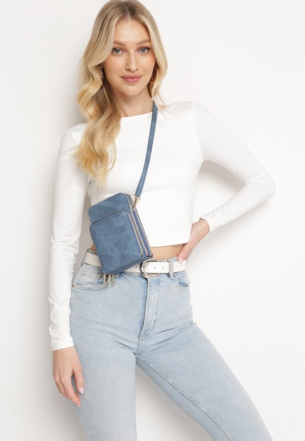 Granatowa Trzykomorowa Torebka z Cienkim Regulowanym Paskiem na Suwak Temime