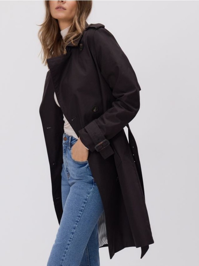 Dwurzędowy trencz z paskiem - ciemnobrązowy