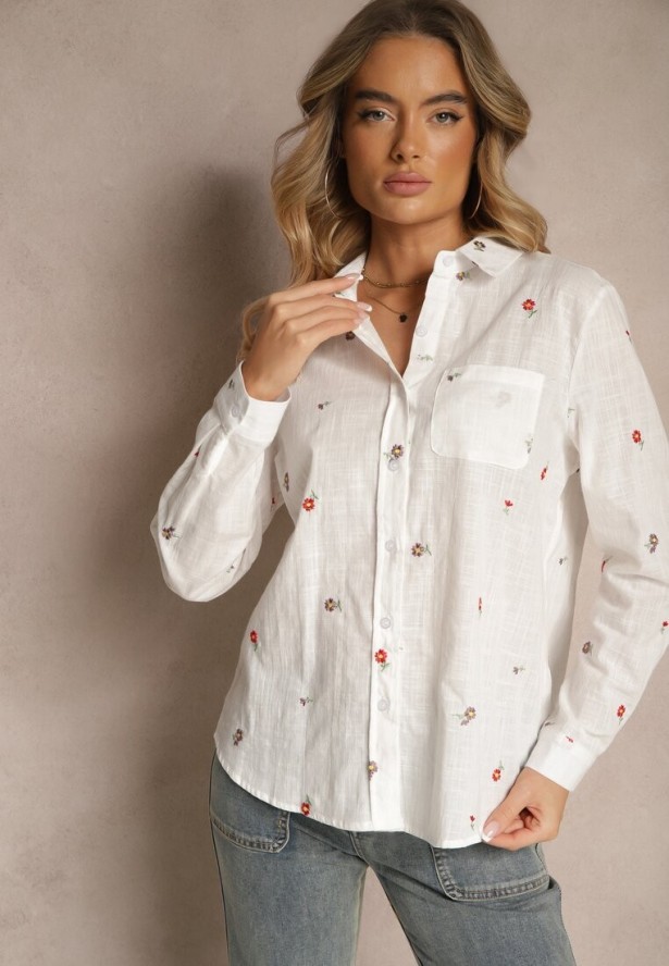 Biała Wiskozowa Koszula Ozdobiona Kwiatowym Haftem Vilreis