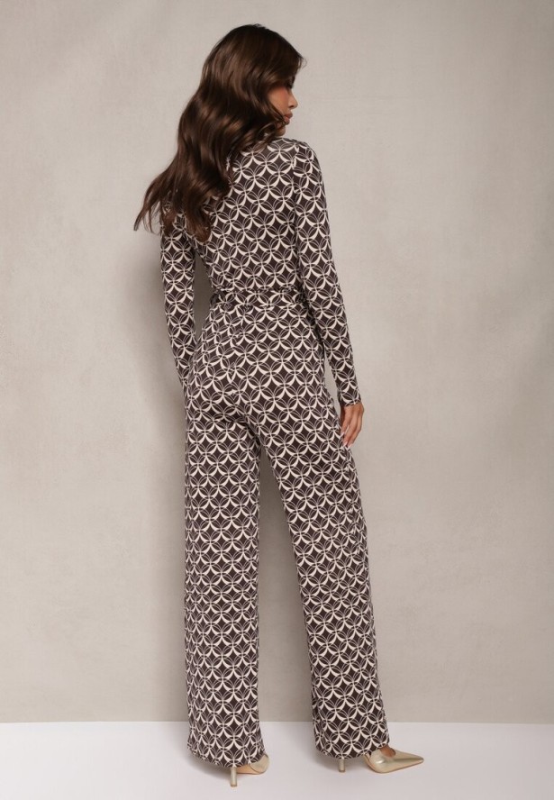 Brązowy Kombinezon z Mozaikowym Wzorem z Dekoltem w Serek i Paskiem Inafil