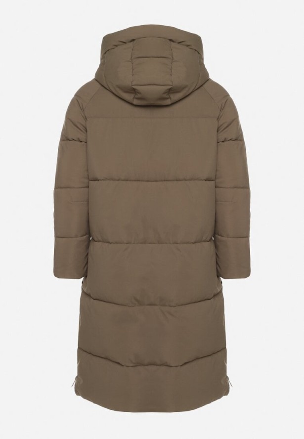 Ciemnozielona Pikowana Kurtka Zimowa z Kapturem i Bocznymi Suwakami Falossea