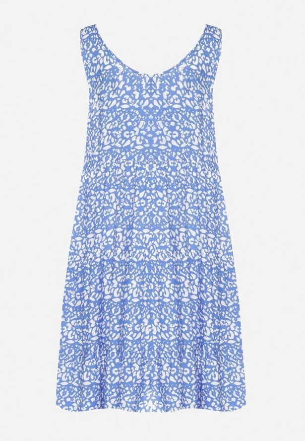 Niebieska Bawełniana Sukienka o Rozkloszowanym Kroju z Geometrycznym Wzorem Natiriana