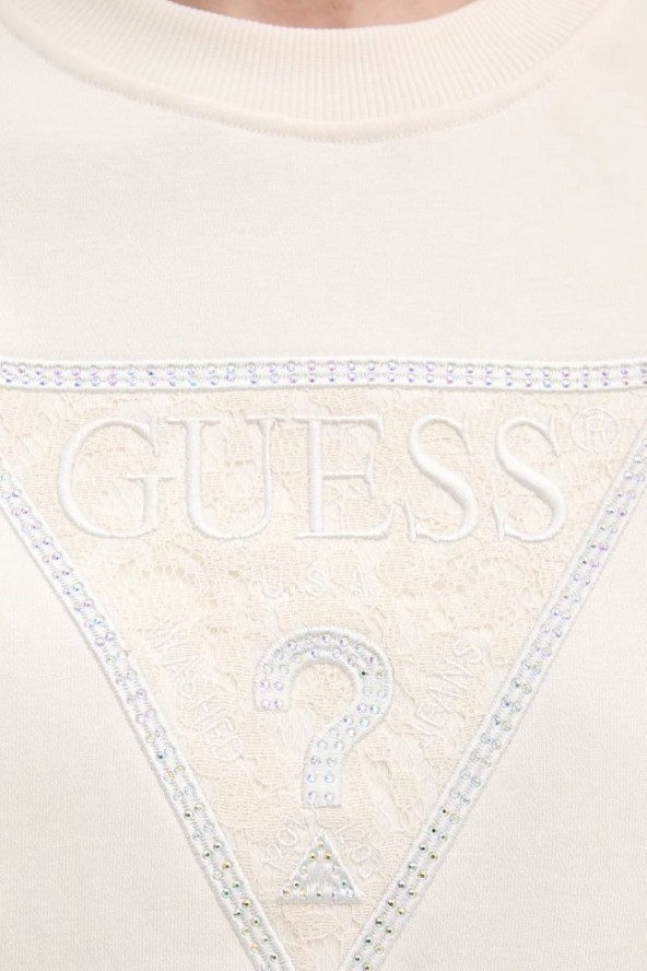 GUESS Beżowa bluza damska z cyrkoniami Triangle Lace, Rozmiar S