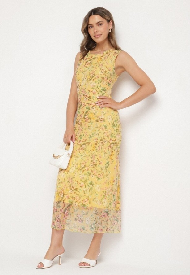 Żółta Koktajlowa Taliowana Sukienka w Kwiaty z Wiskozową Podszewką Lidra