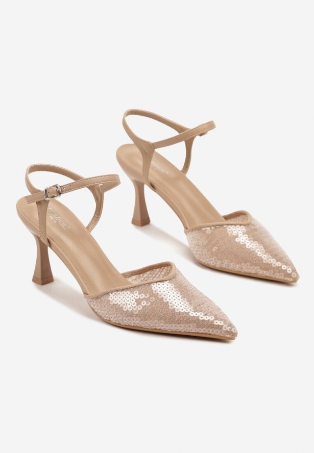 Beżowe Sandały na Szpilce Ozdobione Cekinami Ulanilia