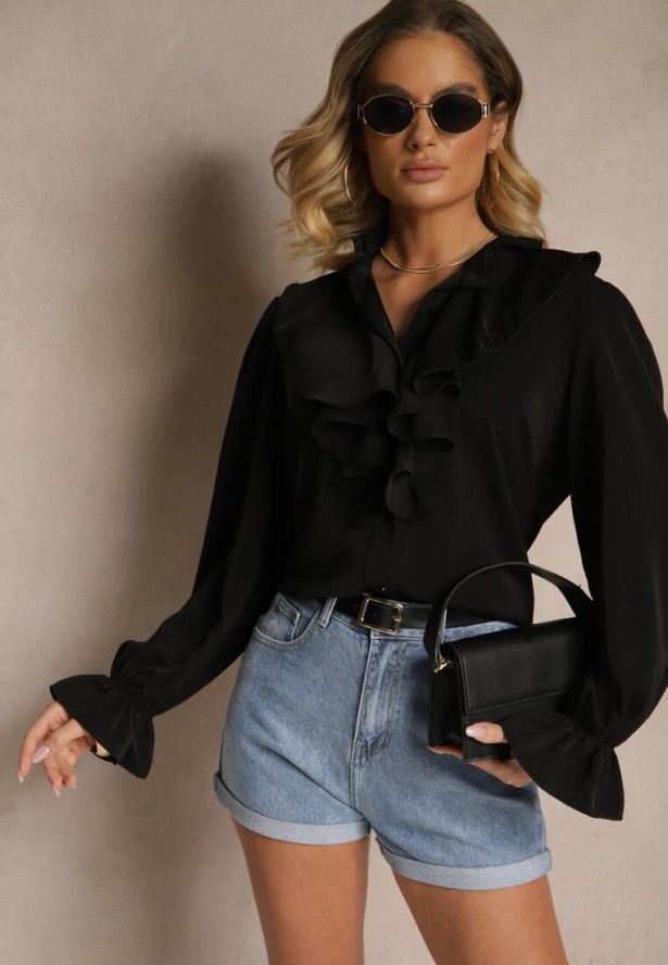 Czarna Koszula z Ozdobnymi Falbankami Jeneviella