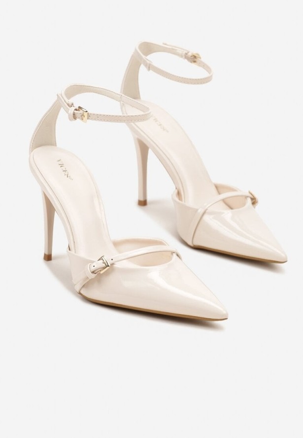 Beżowe Lakierowane Szpilki Vices Zdobione Paskiem z Klamerką Tilamea