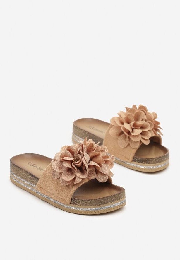 Ciemnobeżowe Klapki z Ozdobnymi Kwiatami 3D Andrives