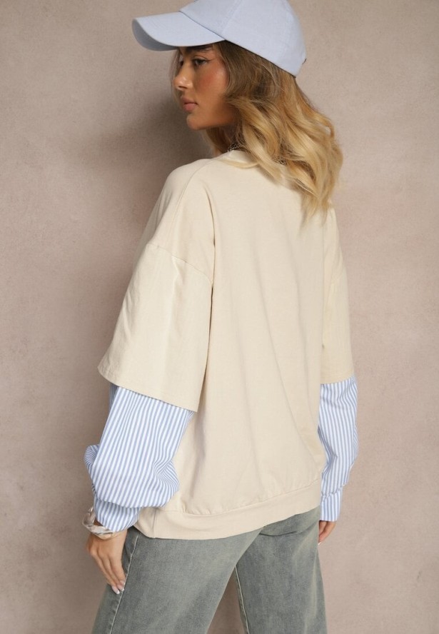 Beżowa Bawełniana Bluzka Ozdobiona Koszulowymi Rękawami w Paski Milseli