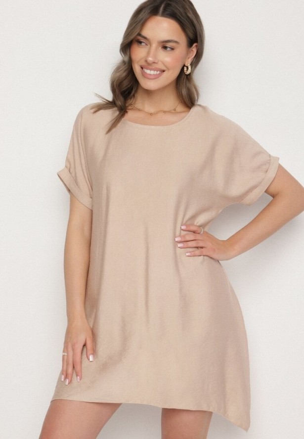 Beżowa Pudełkowa Sukienka z Asymetrycznym Dołem Iffusa