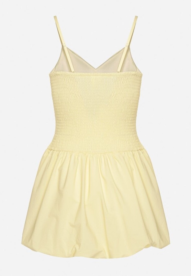 Żółta Sukienka Bombka na Cienkich Ramiączkach z Kokardą i Cyrkoniami Paliandria