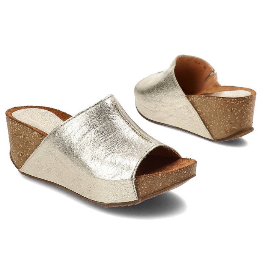 Złote Klapki Simen Wygodne Skórzane Buty Na Koturnie