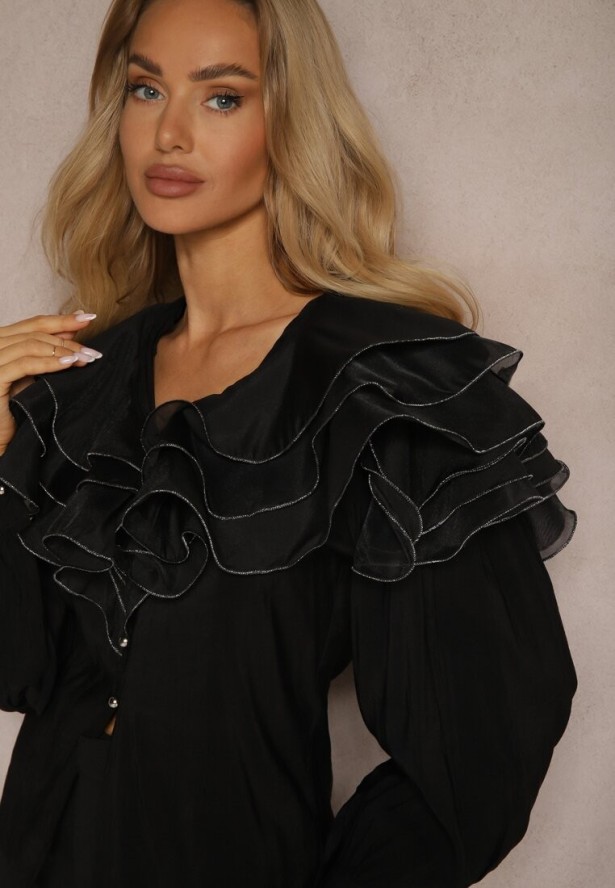 Czarna Wieczorowa Koszula z Ozdobnymi Falbanami i Guzikami Lerellia